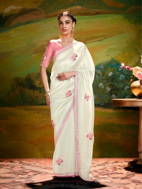 Fancy Silk Party wear Saree In Off White Color With Embroidery Work