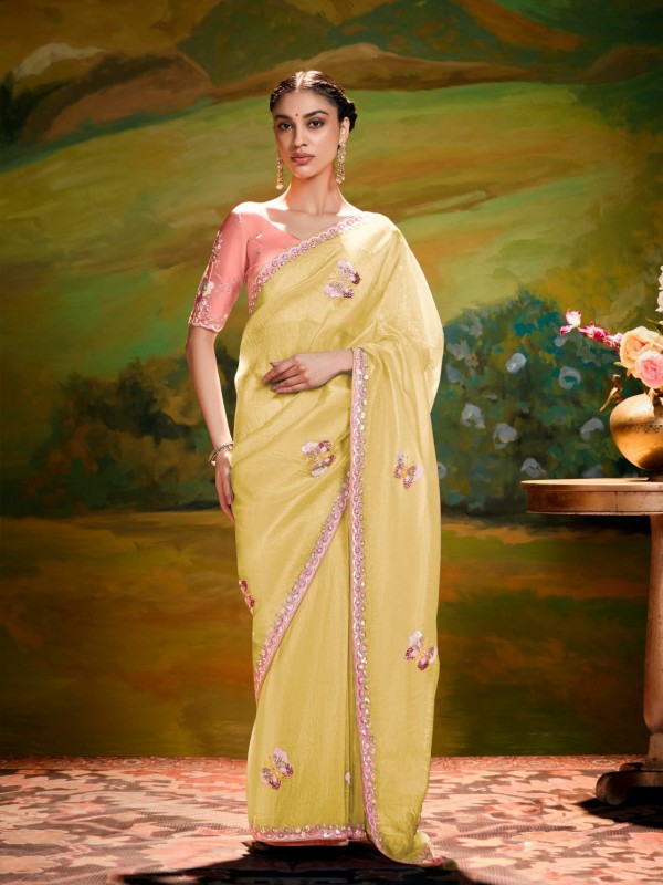 Fancy Silk Party wear Saree In Yellow Color With Embroidery Work