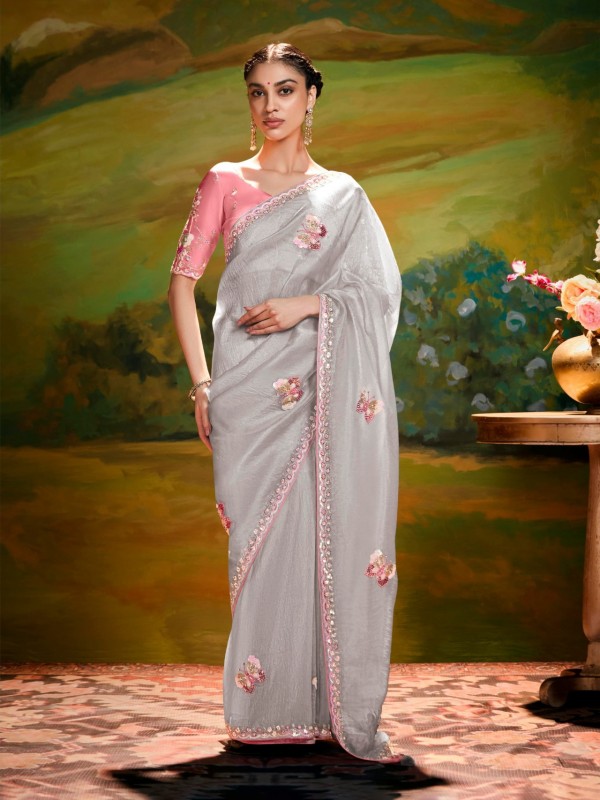 Fancy Silk Party wear Saree In Grey  Color With Embroidery Work