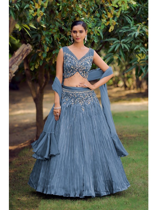 Silk Party Wear Crop Top  In  Blue color With Embroidery Work 