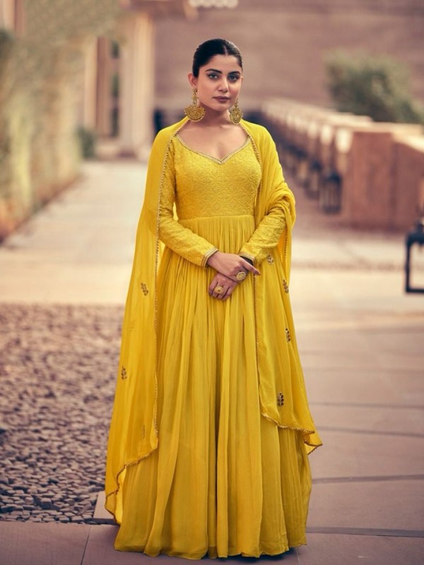 Pure Chinon Silk Party Wear Gown Yellow Color with Embroidery Work