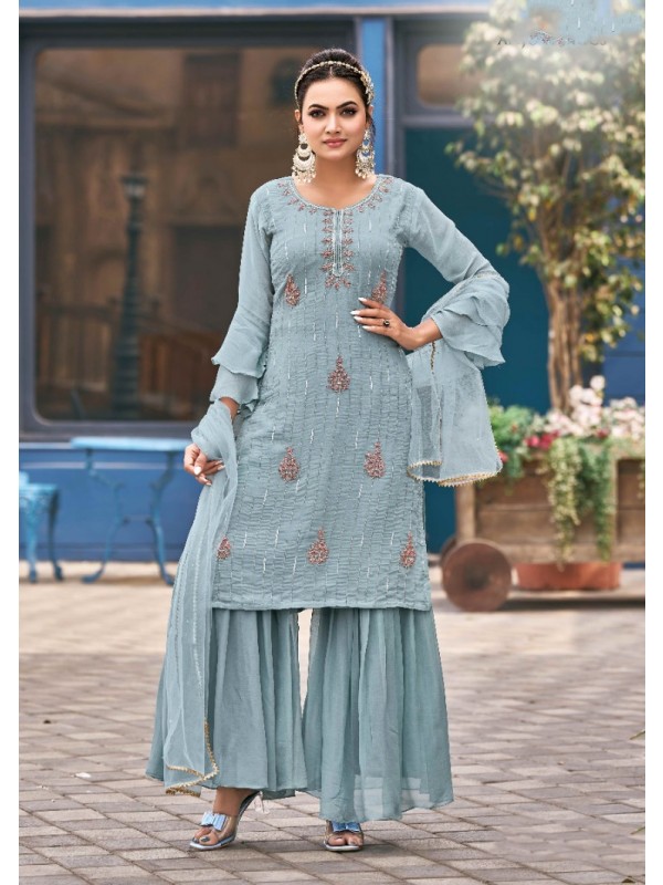 Pure Georgette Fabric Party Wear Sharara In Light Blue Color With Handwork 