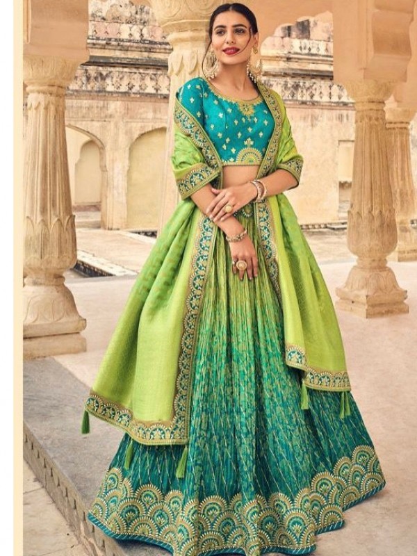 Pure Banarasi Silk Wedding Lehenga in Turquoise & Green  Color With Embroidery  work