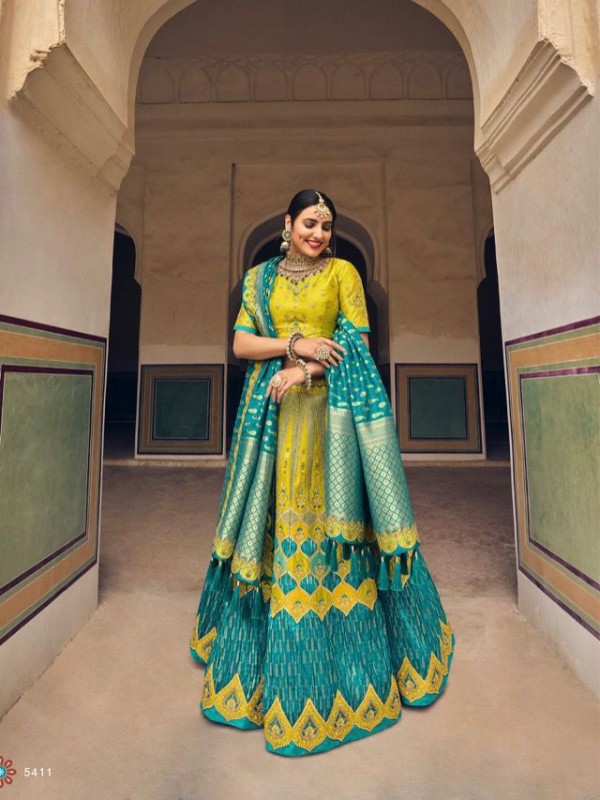 Pure Banarasi Silk Wedding Lehenga in Yellow & Blue Color With Embroidery  work