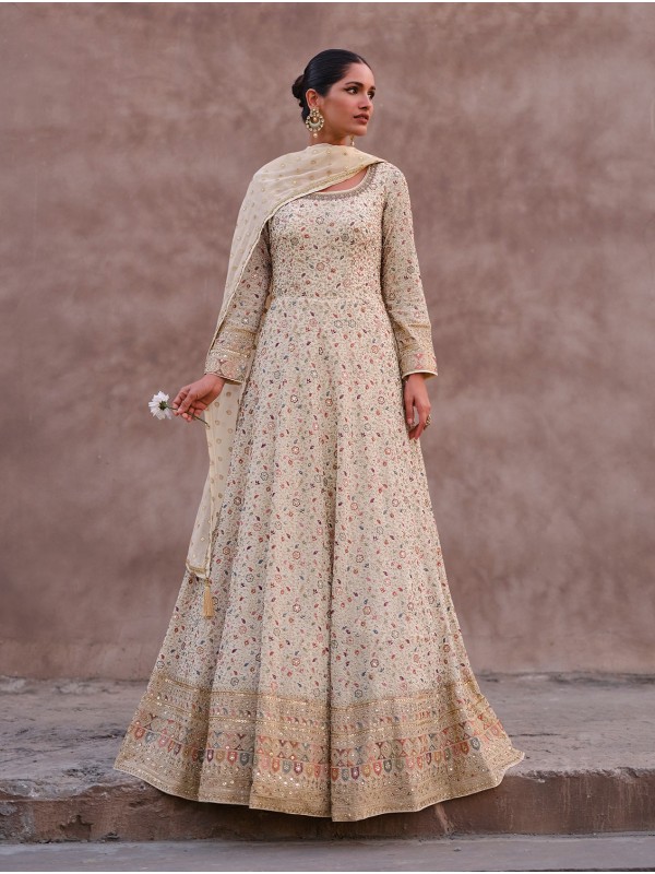 Real Georgette Silk Party Wear Gown Cream Color with Embroidery Work