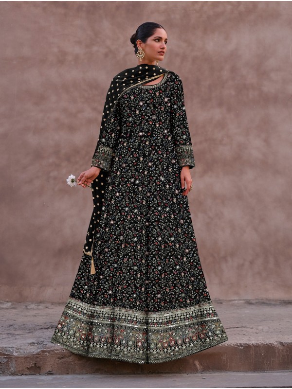 Real Georgette Silk Party Wear Gown Black Color with Embroidery Work