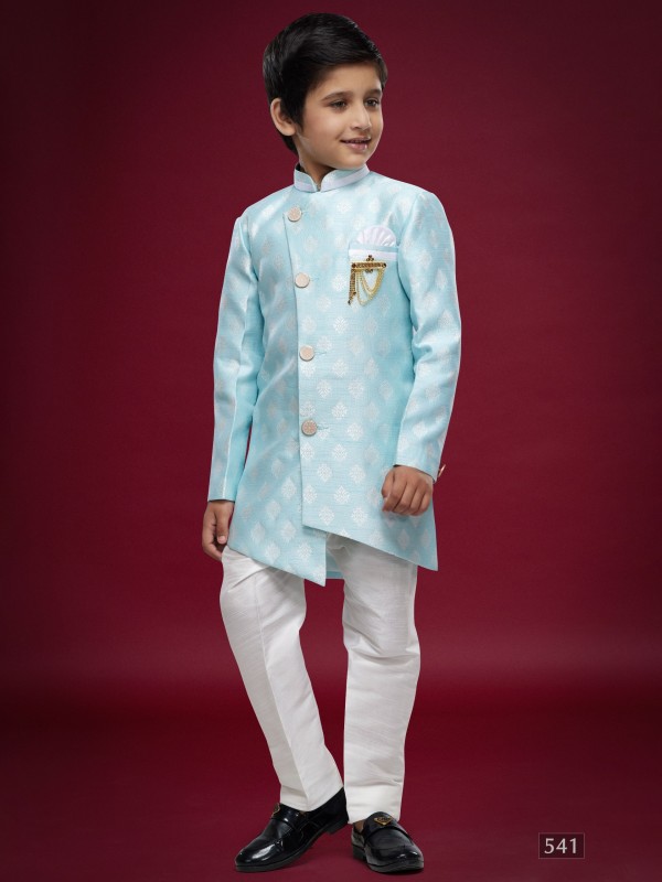 Banarasi Jacqard Silk Readymade Kids Indowestern in Sky Blue Color  