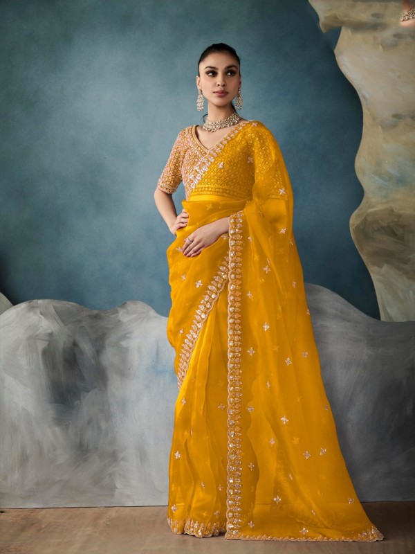 Pure Tissue Silk Party wear Saree In Yellow  Color with Embroidery Work
