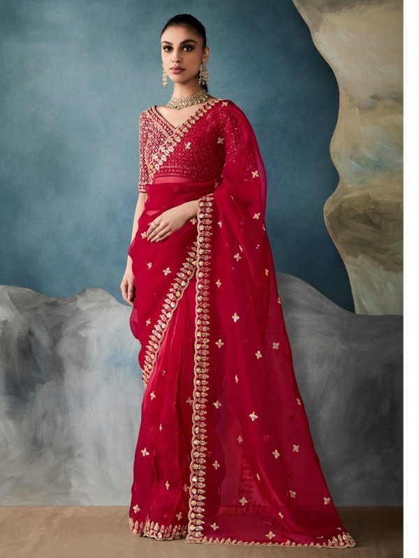 Pure Tissue Silk Party wear Saree In Red Color with Embroidery Work