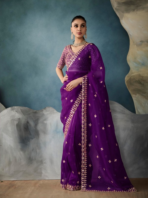 Pure Tissue Silk Party wear Saree In Purple Color with Embroidery Work