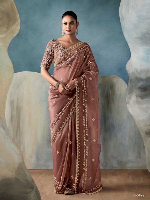 Pure Tissue Silk Party wear Saree In Peach Color with Embroidery Work