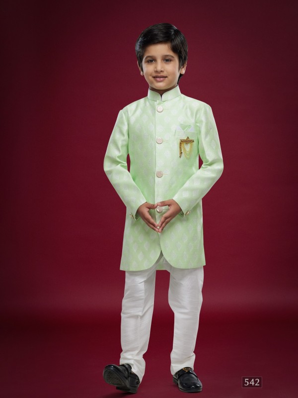 Banarasi Jacqard Silk Readymade Kids Indowestern in Pista Green Color  