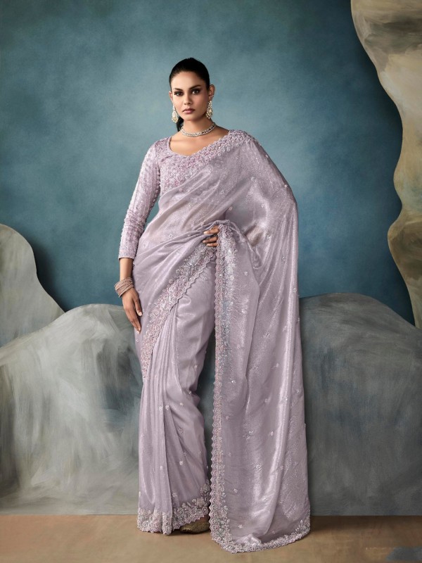 Pure Tissue Silk Party wear Saree In Grey Color with Embroidery Work