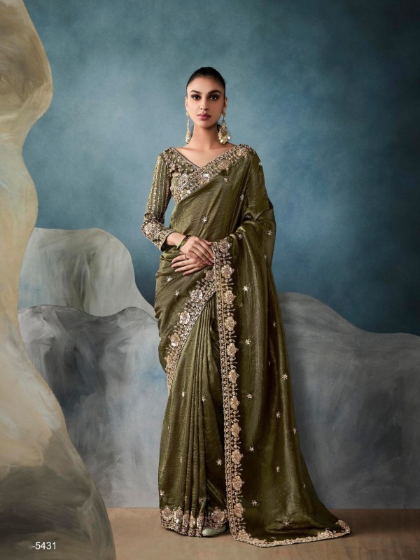 Pure Tissue Silk Party wear Saree In Mahendi Green Color with Embroidery Work