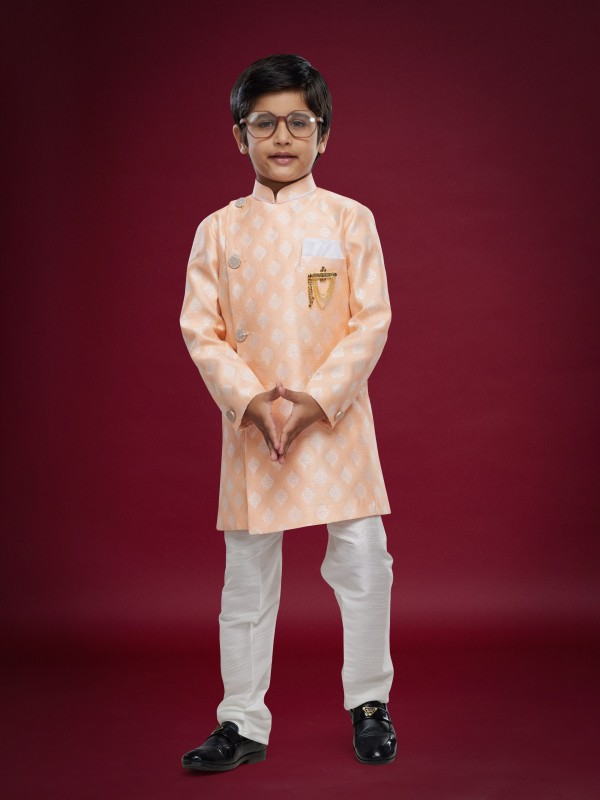 Banarasi Jacqard Silk Readymade Kids Indowestern in Peach Color  
