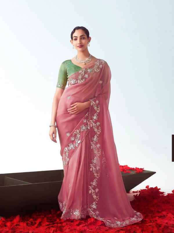 Fancy Silk Party wear Saree Pink Color with Embroidery Work