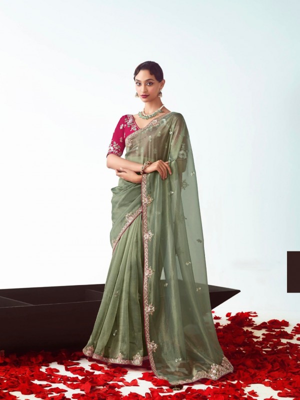 Fancy Silk Party wear Saree Lime Green Color with Embroidery Work