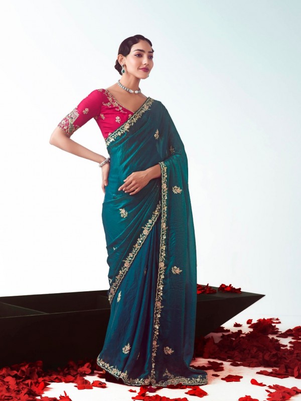Fancy Silk Party wear Saree Teal Blue Color with Embroidery Work