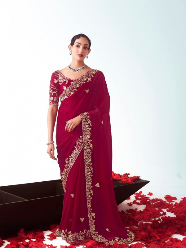 Fancy Silk Party wear Saree Red Color with Embroidery Work