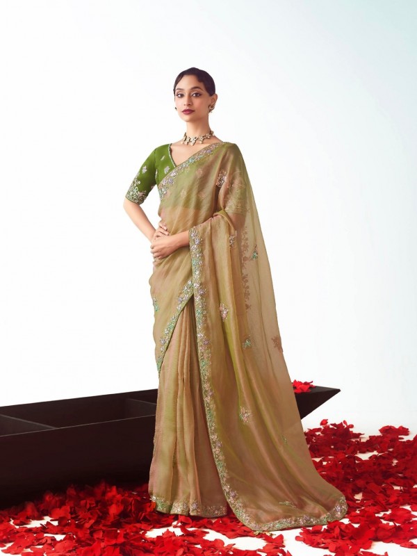 Fancy Silk Party wear Saree Golden Color with Embroidery Work