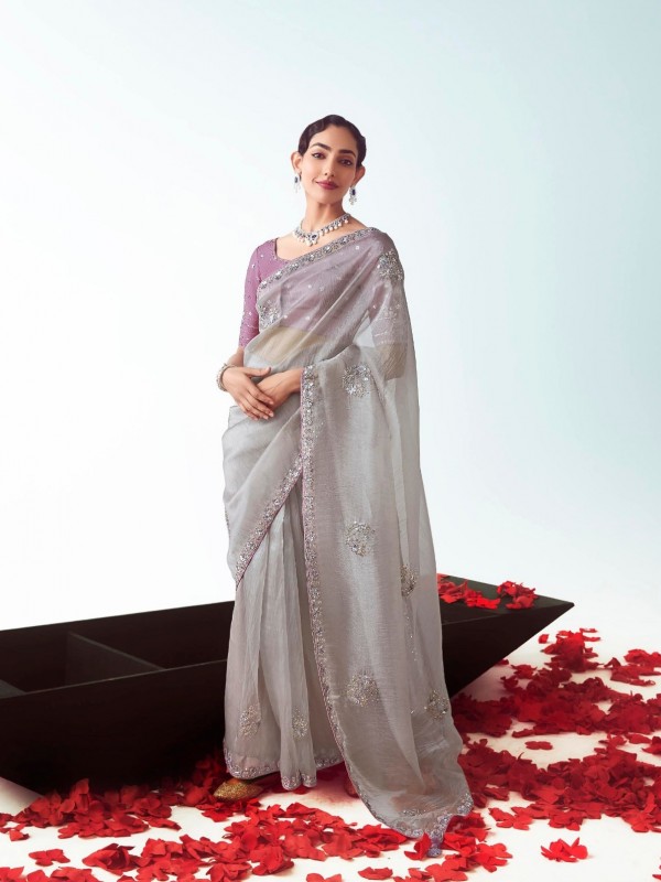 Fancy Silk Party wear Saree Silver Color with Embroidery Work