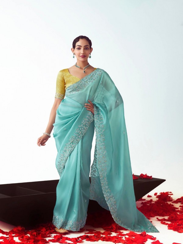 Fancy Silk Party wear Saree Turquoise Color with Embroidery Work