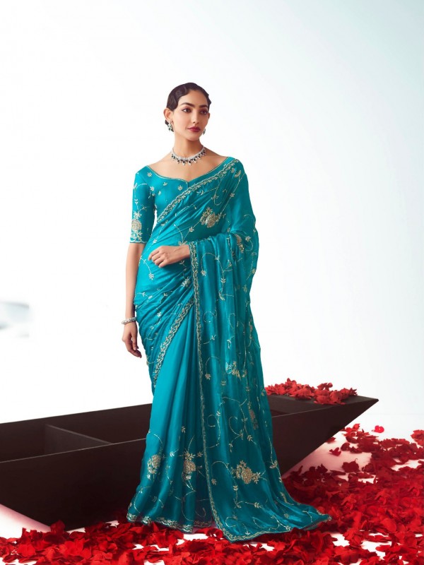 Fancy Silk Party wear Saree Teal Blue Color with Embroidery Work