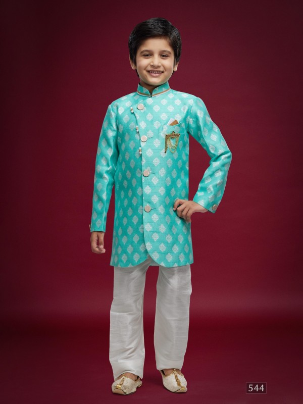 Banarasi Jacqard Silk Readymade Kids Indowestern in Firozi Color  