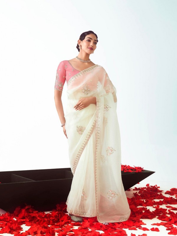 Fancy Silk Party wear Saree Off White Color with Embroidery Work