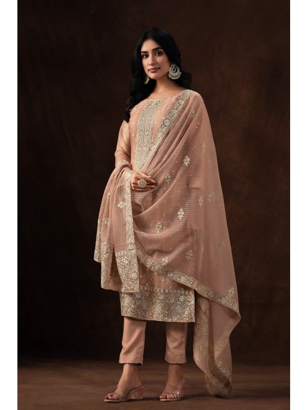 Organza Silk Party Wear  Suit  in Beige Color with  Embroidery Work