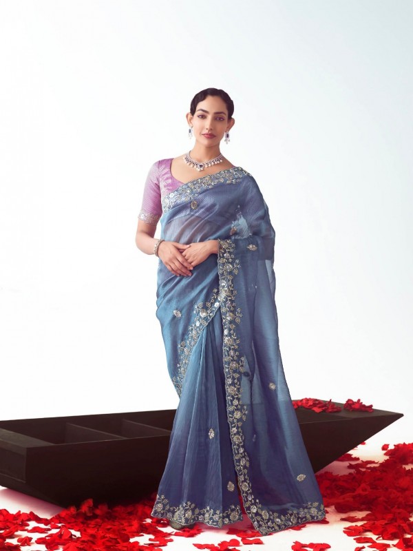 Fancy Silk Party wear Saree Blue Color with Embroidery Work