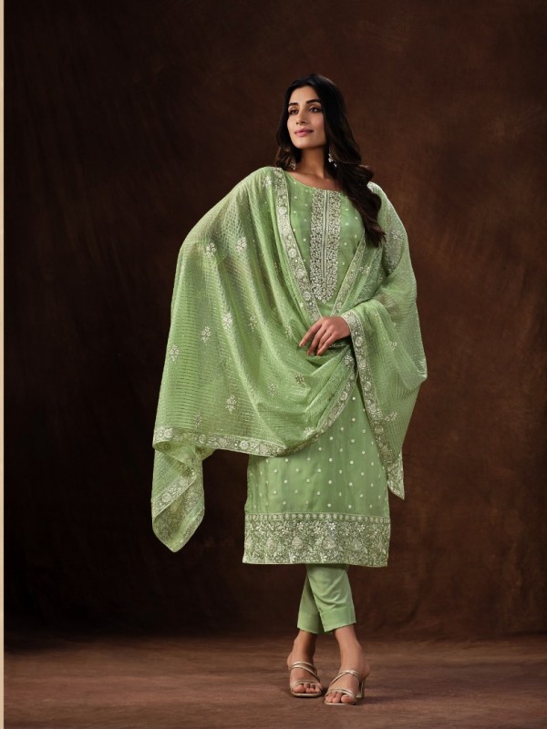 Organza Silk Party Wear  Suit  in Green Color with  Embroidery Work