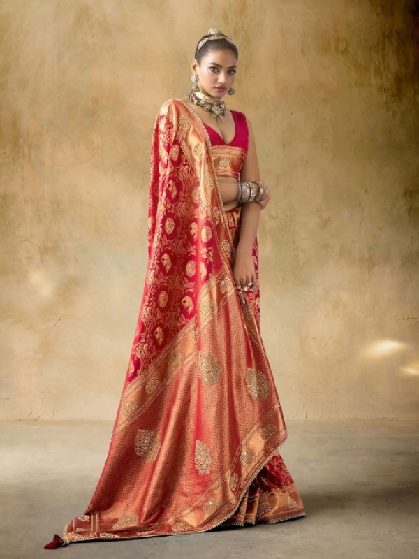Fancy Silk Fabric Party wear Saree In Red Color with Swaroskvi Work 