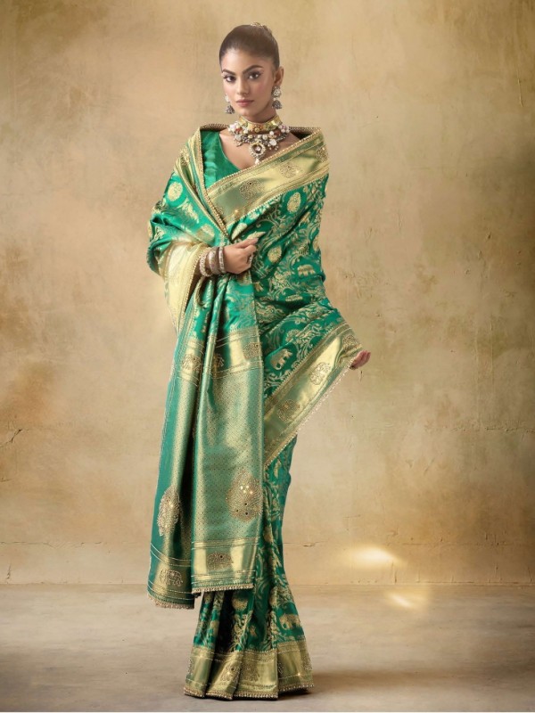 Fancy Silk Fabric Party wear Saree In Green Color with Swaroskvi Work 