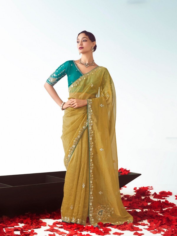 Fancy Silk Party wear Saree Yellow Color with Embroidery Work