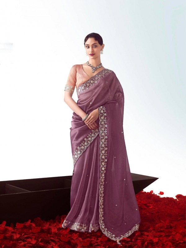 Fancy Silk Party wear Saree Light Burgundy Color with Embroidery Work
