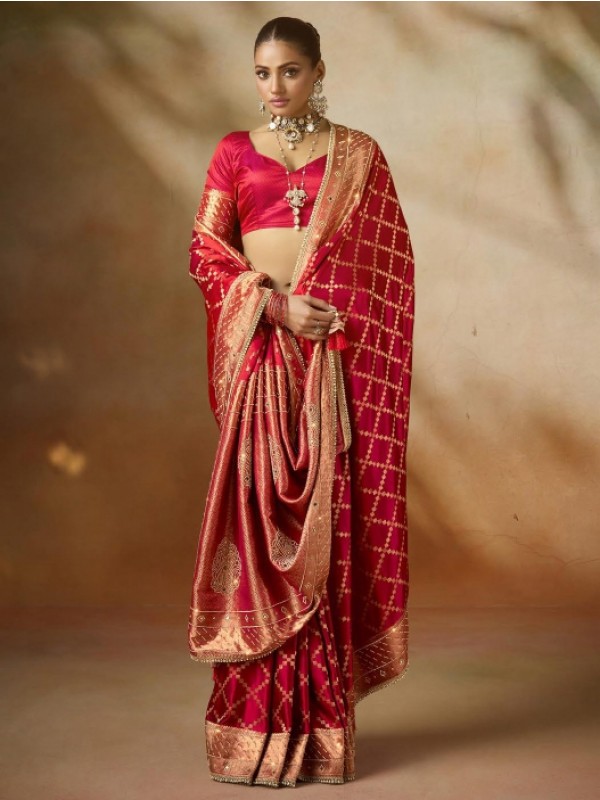 Fancy Silk Fabric Party wear Saree In Red Color with Swaroskvi Work 