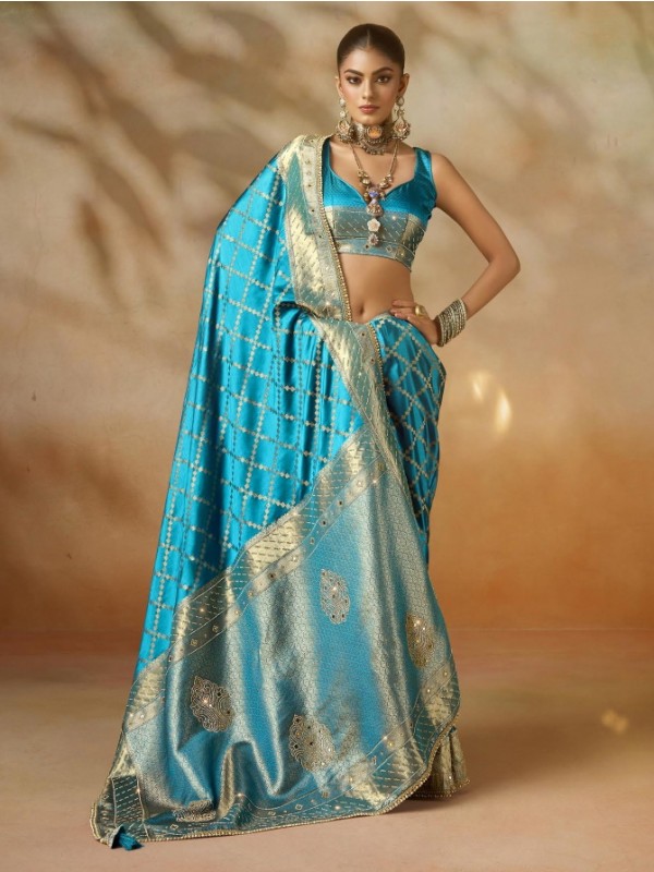 Fancy Silk Fabric Party wear Saree In sky Blue Color with Swaroskvi Work 