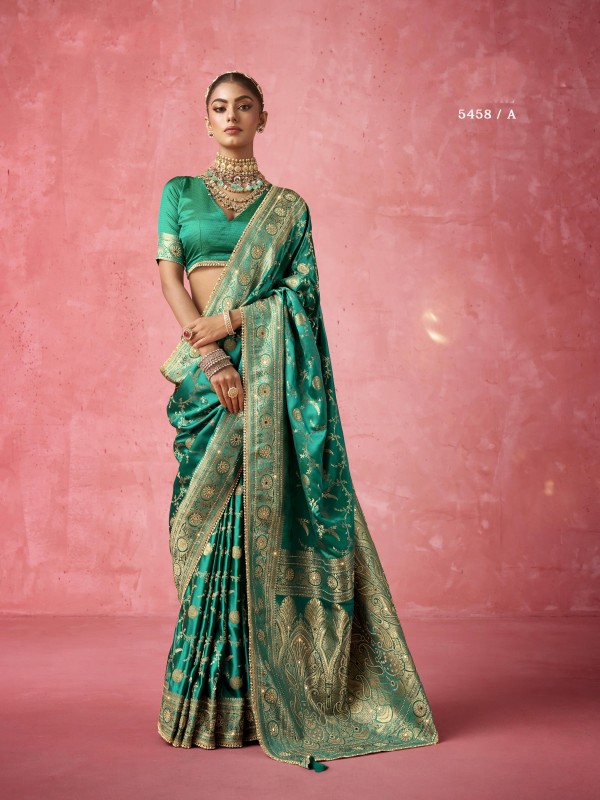 Satin katan Fabric Party wear Saree In Green Color with Embroidery Work 