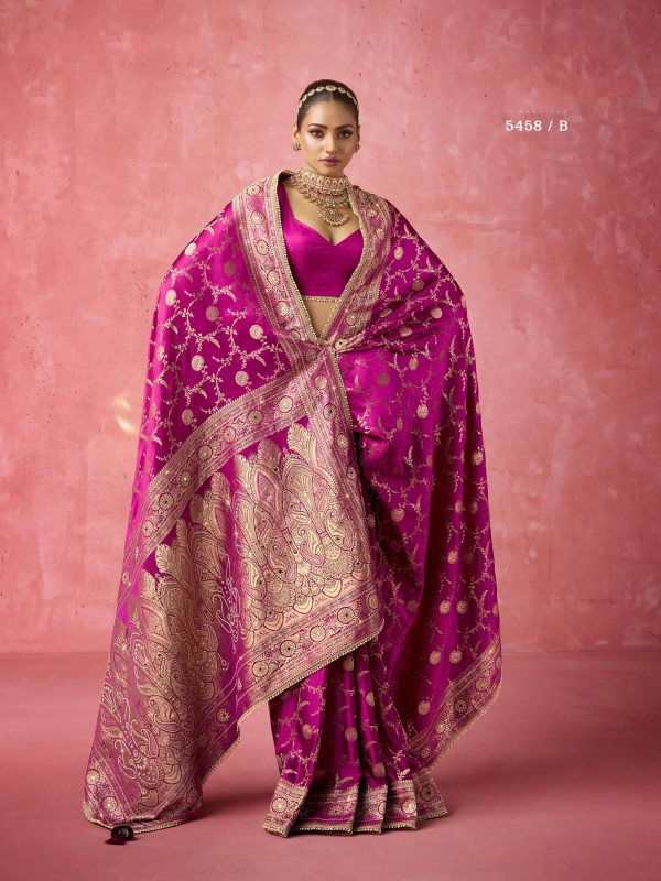 Satin katan Fabric Party wear Saree In Rani Color with Embroidery Work 