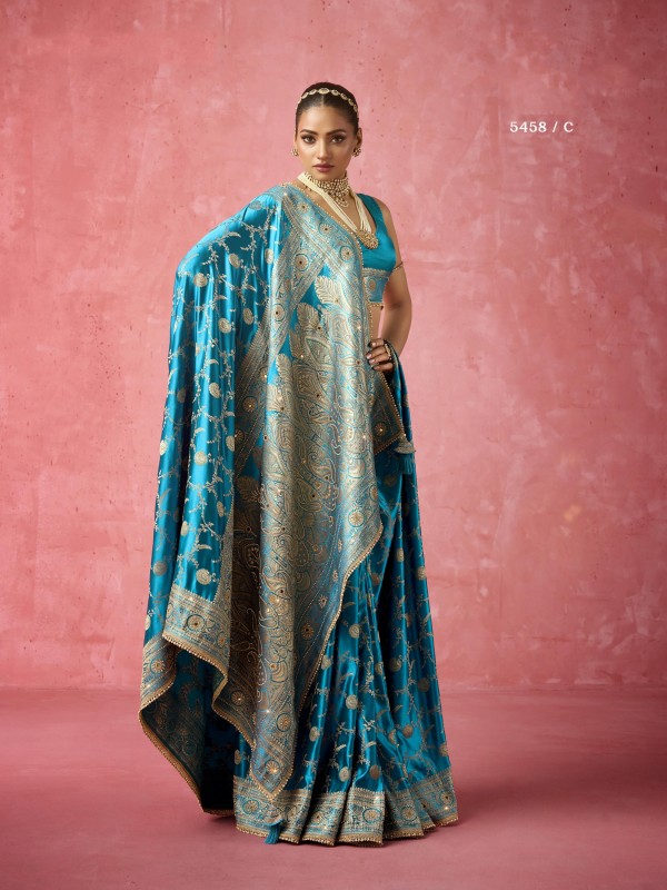 Satin katan Fabric Party wear Saree In Sky Blue Color with Embroidery Work 