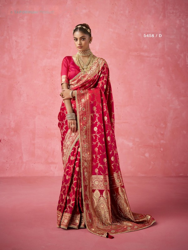 Satin katan Fabric Party wear Saree In Red Color with Embroidery Work 
