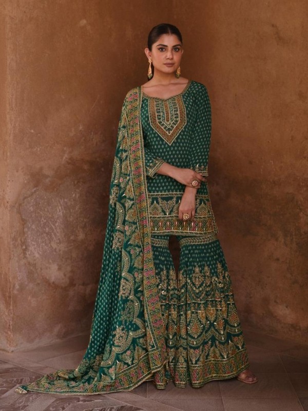Pure Real Crepe Silk Party Wear Sharara Green Color with Seroski Work