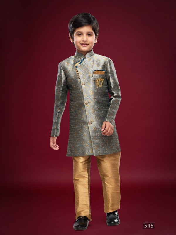 Banarasi Jacqard Silk Readymade Kids Indowestern in Dark Grey Color  