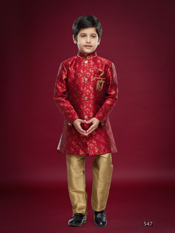 Banarasi Jacqard Silk Readymade Kids Indowestern in Maroon Color  
