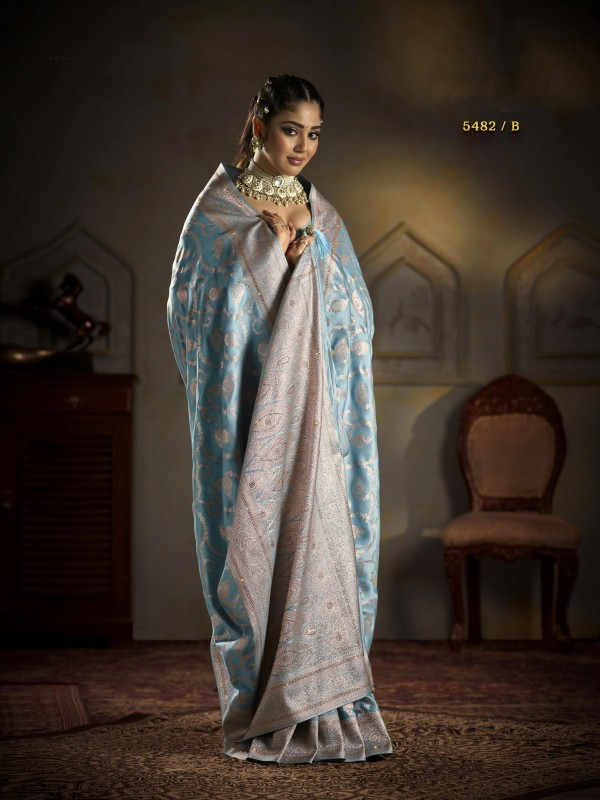 Pure Silk Party wear Saree In Sky Blue Color with Swaroskvi Work 