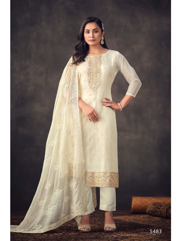 Organza Silk Party Wear  Suit  in White Color with  Embroidery Work