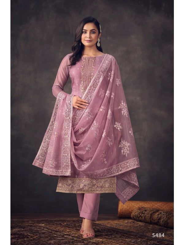 Organza Silk Party Wear  Suit  in Purple Color with  Embroidery Work