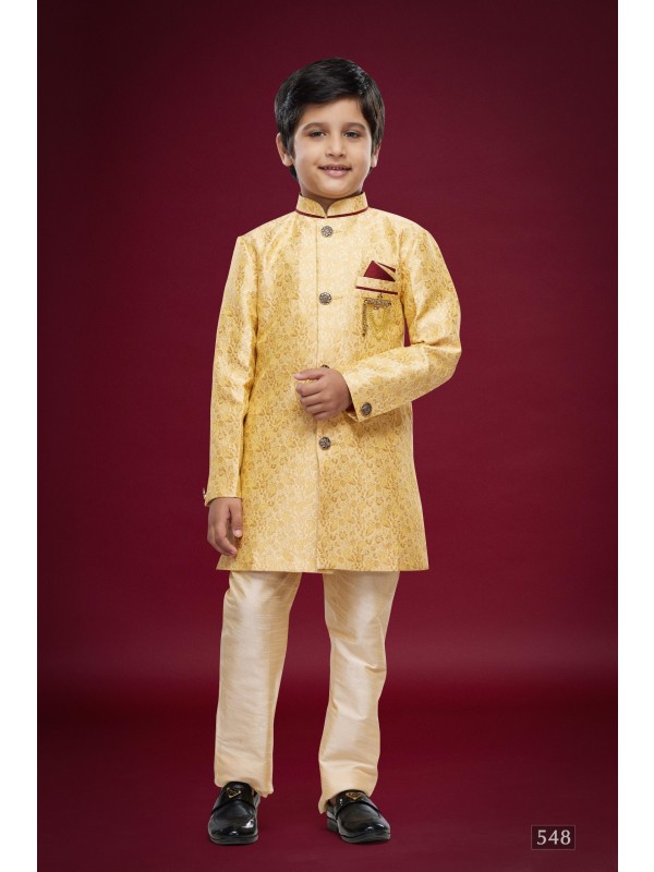 Banarasi Jacqard Silk Readymade Kids Indowestern in Gold Color  