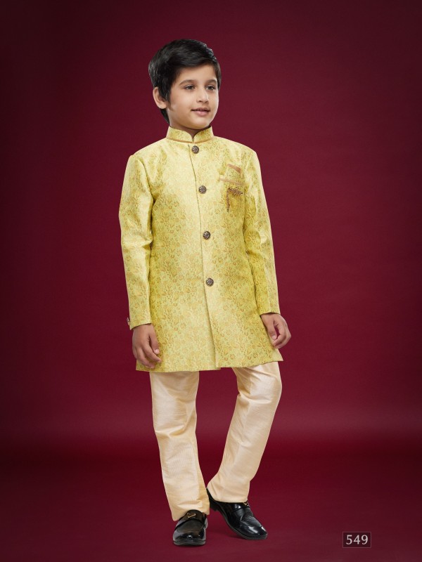 Banarasi Jacqard Silk Readymade Kids Indowestern in Yellow Color  